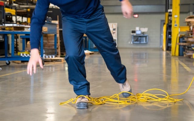 man tripping over wires in warehouse
